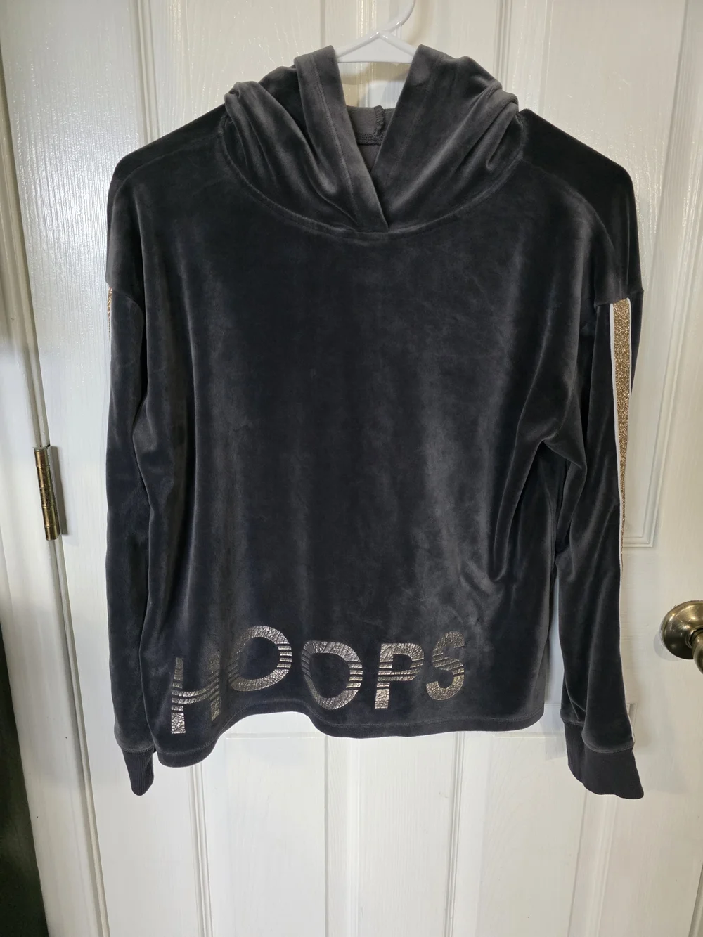 Justice Charcoal Velvet Cowl Pullover with Gold Accent Stripe
